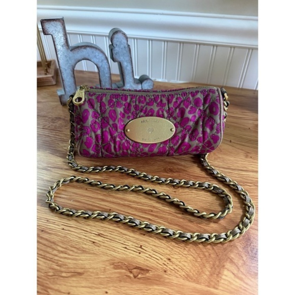 Mulberry Mini Baguette Bag Pink Leopard Quilted Nylon Chain Crossbody Small